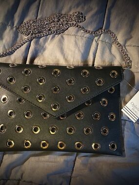 Black Eyelet Envelope Clutch with Chain Strap